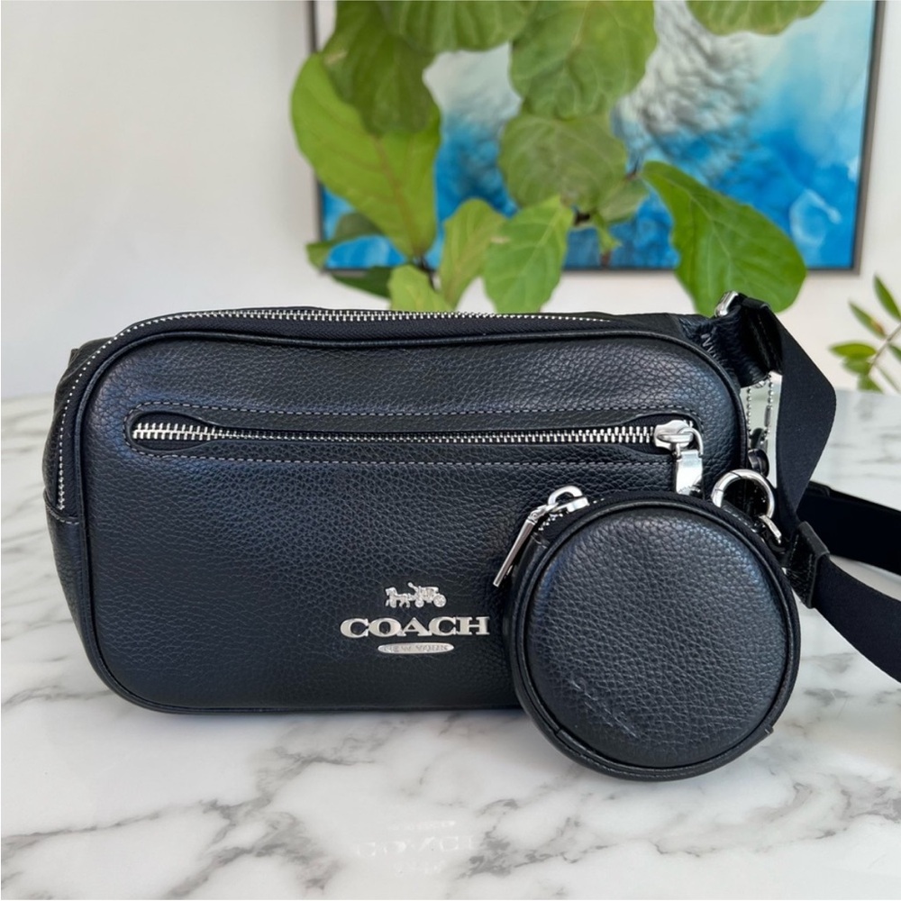 COACH Elias Pebble Leather Belt Bag Crossbody with Pouch Black Silver CJ507